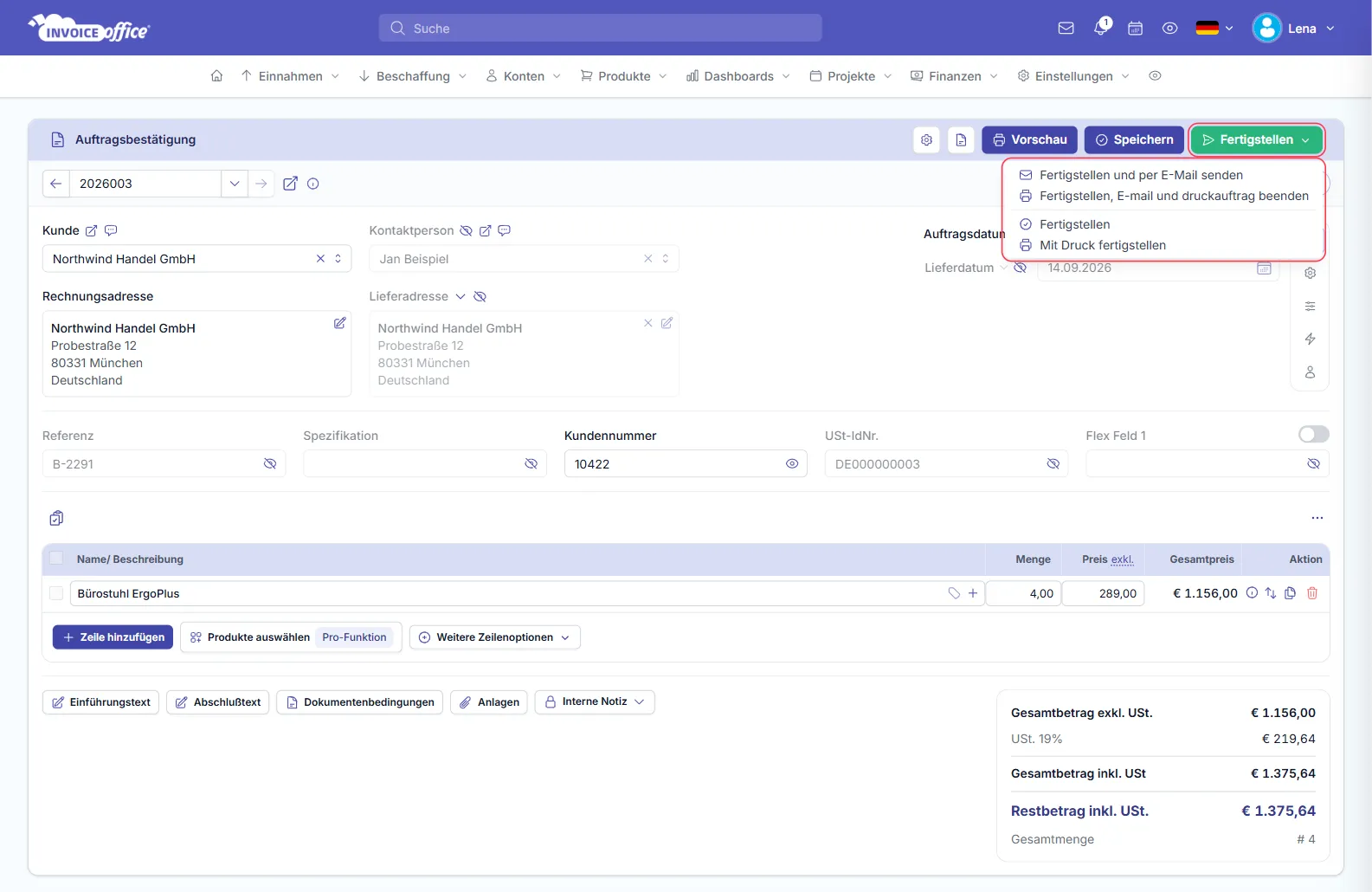 Geöffnetes Menü Fertigstellen in der Auftragsbestätigung mit Fertigstellen und per E-Mail senden, Fertigstellen, E-mail und druckauftrag beenden, Fertigstellen und Mit Druck fertigstellen; die Schaltfläche und das Menü sind rot markiert