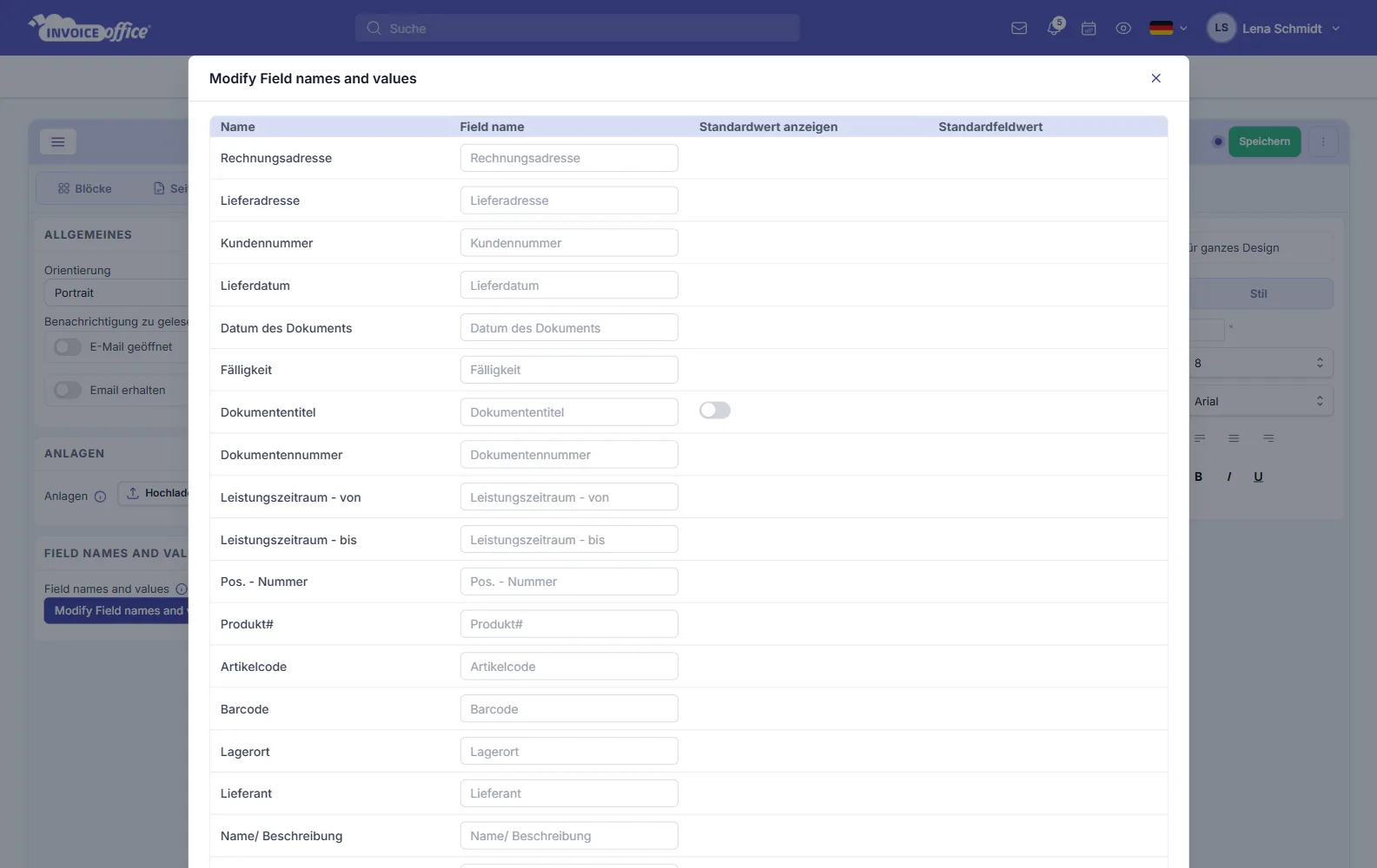 Dialog „Modify Field names and values“ zum Anpassen der Feldnamen im Dokumentendesign von Invoice Office