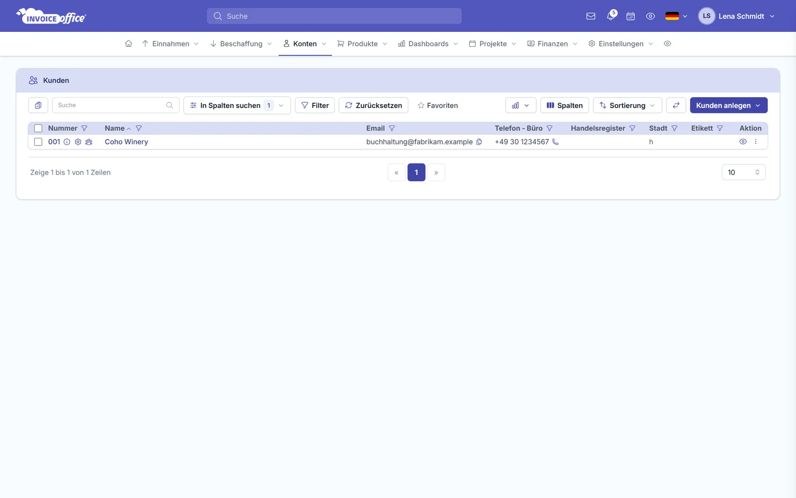 Kundenliste unter Kontakte in Invoice Office