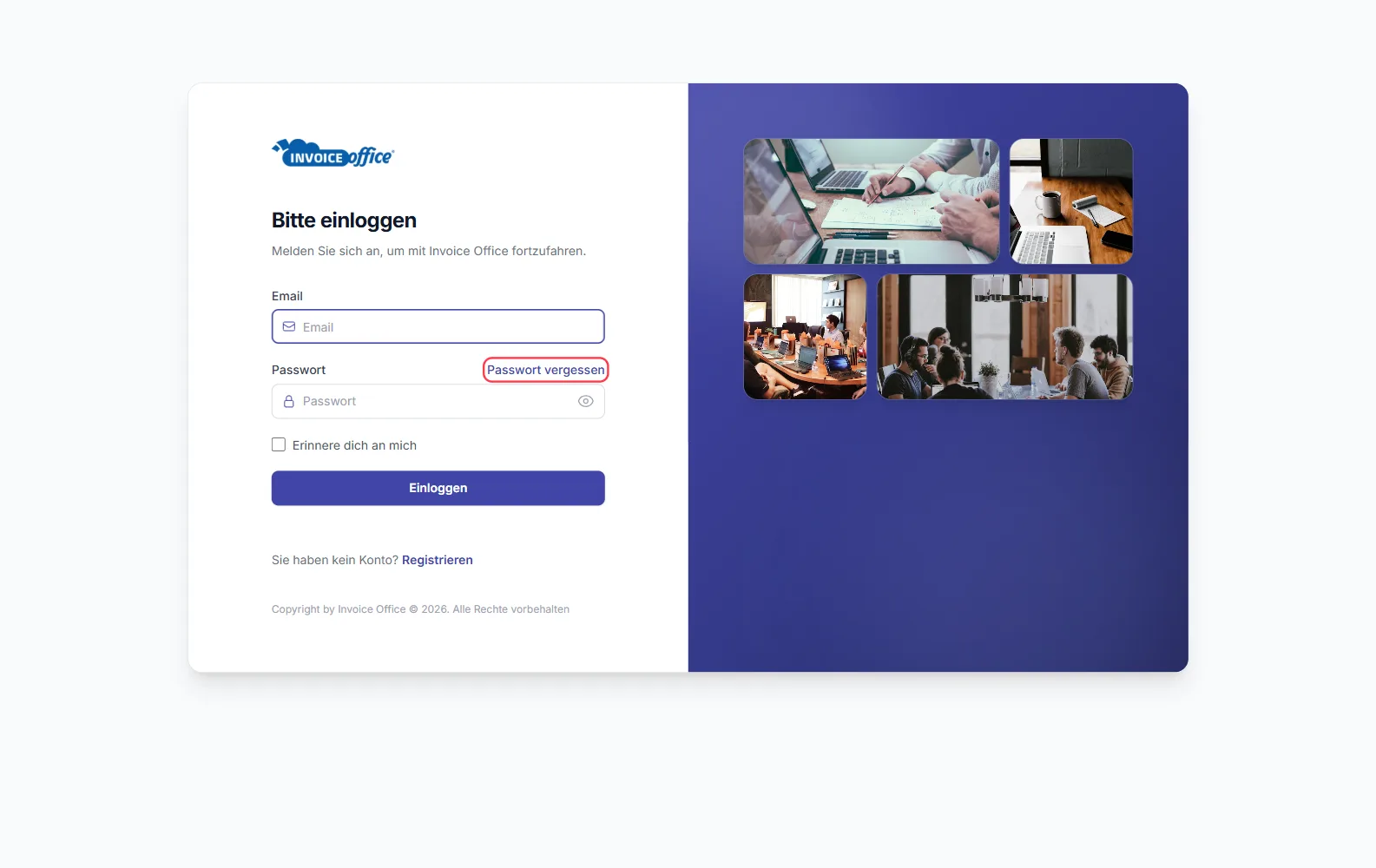 Anmeldeseite von Invoice Office mit dem Link Passwort vergessen