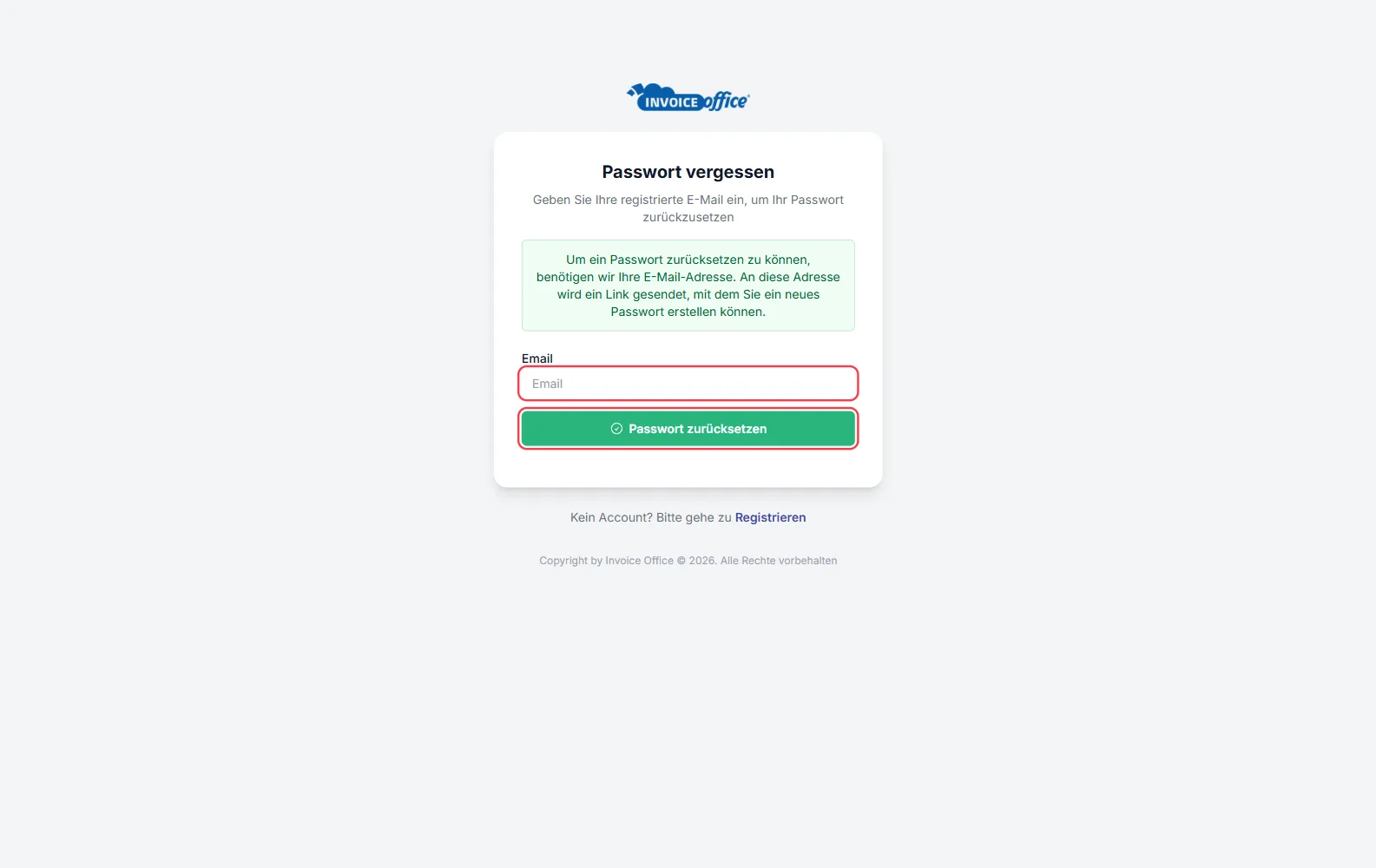 Seite Passwort vergessen mit dem Eingabefeld für die E-Mail-Adresse und der Schaltfläche Passwort zurücksetzen