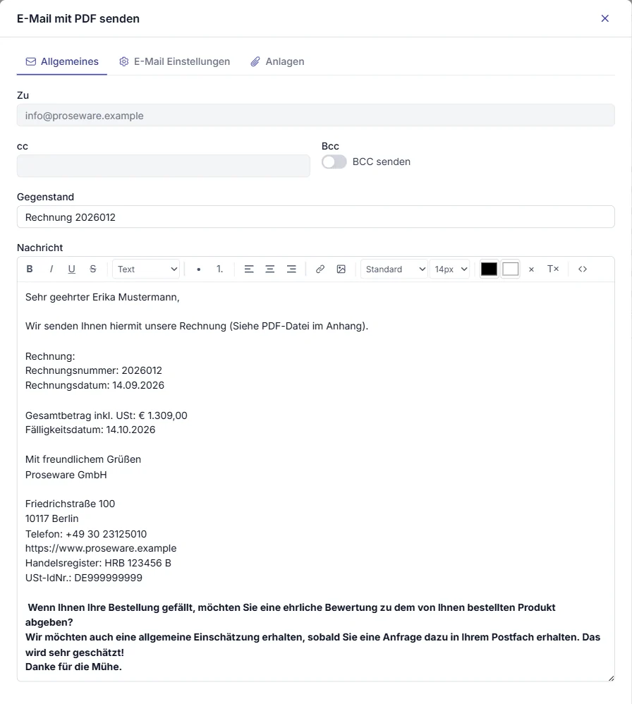 Rechnungen per E-Mail versenden: Dialog „E-Mail mit PDF senden“ mit Empfänger, CC, BCC, Betreff und Nachricht