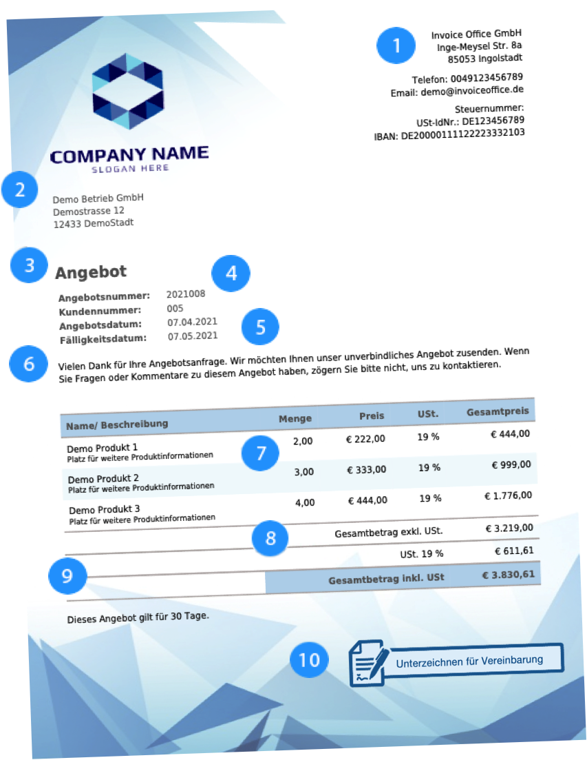 Empfohlene Angebotsinformationen mit Invoice Office